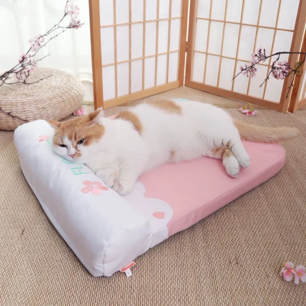 Pet Bed with Pillow – Removable & Washable Mat for Small Dogs & Cats, Cherry Blossom Design, All-Season Kennel