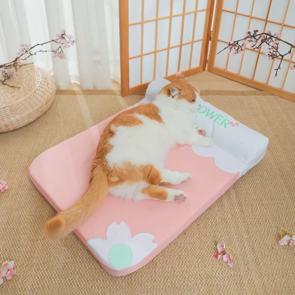 Pet Bed with Pillow – Removable & Washable Mat for Small Dogs & Cats, Cherry Blossom Design, All-Season Kennel